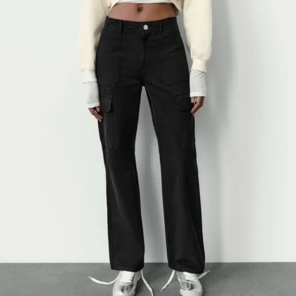 Zara Womens size 4 Cargo Wide Leg Pants Jeans Black Y2K Grunge Streetwear